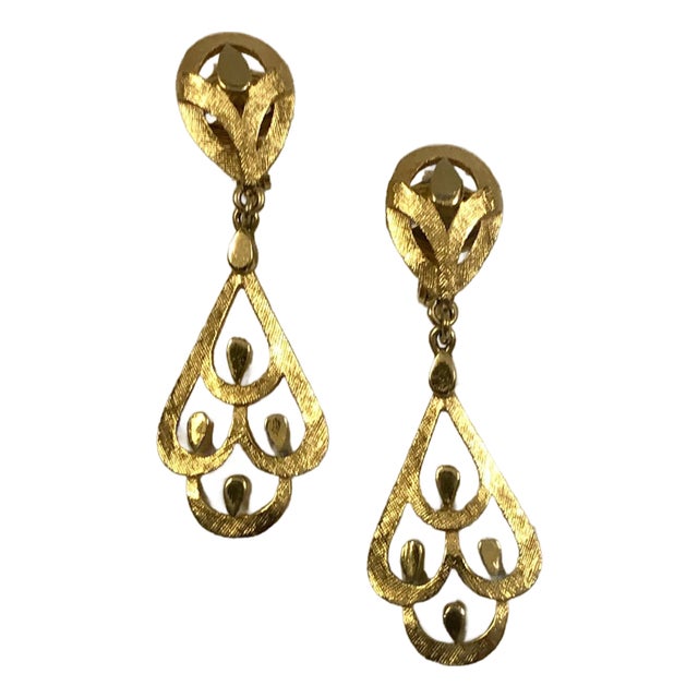 1970s Trifari Gold Art Deco Dangle Earrings, A Pair For Sale