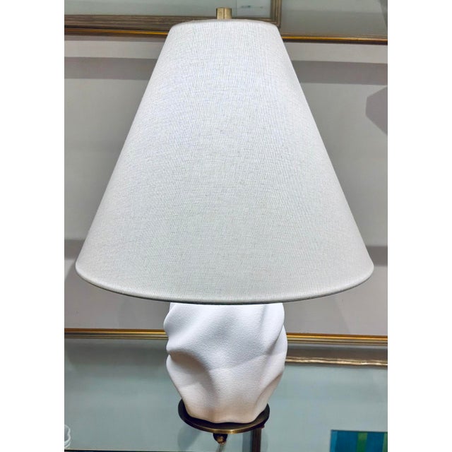 Stylish Organic Modern White Glaze Bora Table Lamp, white fabric shade, showroom floor sample