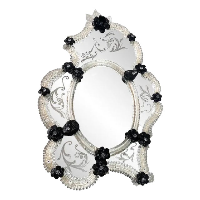 Venetian Black Floreal Hand-Carving Mirror by Simong For Sale