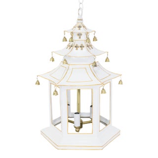 Three-Tier Pagoda Top Tole Lantern Chandelier With Hanging Bells in White and Gold For Sale