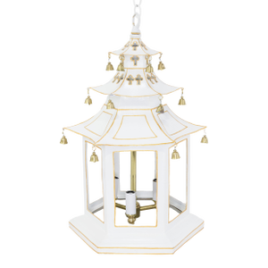Three-Tier Pagoda Top Tole Lantern Chandelier With Hanging Bells in White and Gold