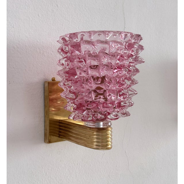 Glass Italian Art Deco Brass and Pink Rostrato Murano Glass Wall Sconces, 1990s, Set of 2 For Sale - Image 7 of 13
