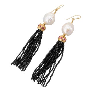 1990s Gold on Sterling Silver Cultured Pearl, Ruby & Onyx Tassel Earrings - 2 Pieces For Sale