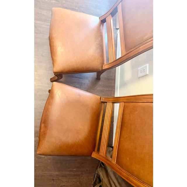 Bernhardt Pair of Bernhardt Handcrafted Wood & Leather Dining Chairs Made in Thailand For Sale - Image 4 of 11
