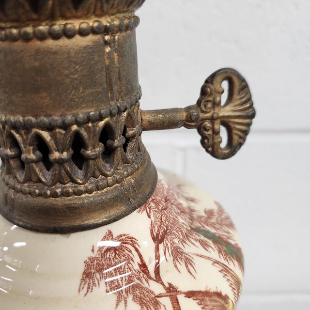 Metal Vintage Chinoiserie Porcelain Table Lamp With Pheasant Motif and Ornate Cast Base, Mid-20th Century For Sale - Image 7 of 7