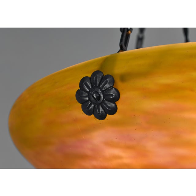 Daum & Majorelle French Art Deco Pendant Light 1920s - Orange Glass & Wrought Iron For Sale - Image 10 of 11