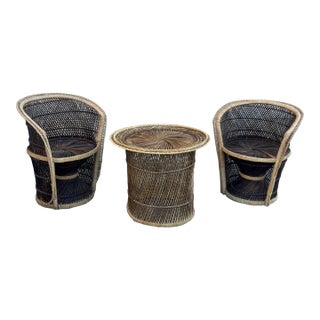 1970s Boho Coastal Wicker Rattan Barrel Chairs With Matching Drum Table – Set of 3 For Sale
