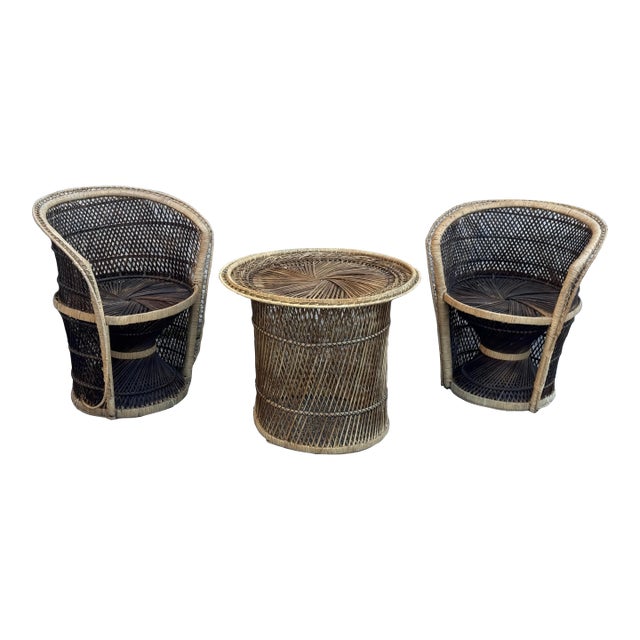 1970s Boho Coastal Wicker Rattan Barrel Chairs With Matching Drum Table – Set of 3 For Sale