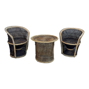 1970s Boho Coastal Wicker Rattan Barrel Chairs With Matching Drum Table – Set of 3