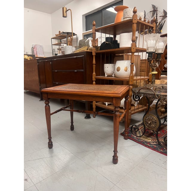 1970s 1970s Vintage Traditional Wooden Accent Table or Decorative Bench With Turned Legs and Supports and Caned Top For Sale - Image 5 of 7