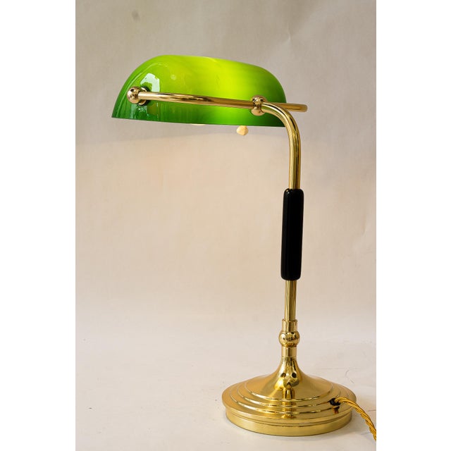 Swiveling Art Deco Banker lamp vienna around 1920s Brass polished and stove enameled Wood polished European Plug (up to...