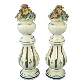 Art Nouveau Ceramic Columns with Miniature Vases and Flowers from Bassano Nove Factory, Italy, Late 19th Century, Set of 2 For Sale