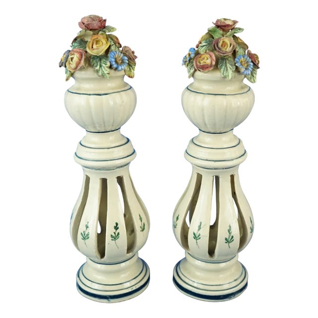 Art Nouveau Ceramic Columns with Miniature Vases and Flowers from Bassano Nove Factory, Italy, Late 19th Century, Set of 2 For Sale