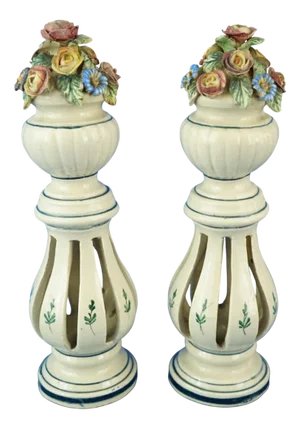 Art Nouveau Ceramic Columns with Miniature Vases and Flowers from Bassano Nove Factory, Italy, Late 19th Century, Set of 2
