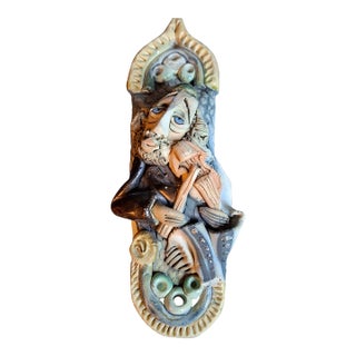 Vintage Israel Lombrozo Studio Ceramic Mezuzah Case Fiddler on Roof Clay Judaica For Sale