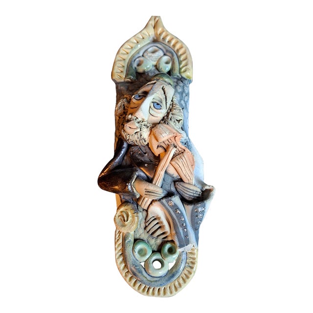 Vintage Israel Lombrozo Studio Ceramic Mezuzah Case Fiddler on Roof Clay Judaica For Sale