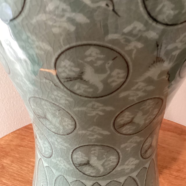 Mid 20th Century Korean Meiping Porcelain Celadon Crackle Glazed Flying Granes & Clouds Pattern Inlay Design Prunus Vase For Sale - Image 4 of 12