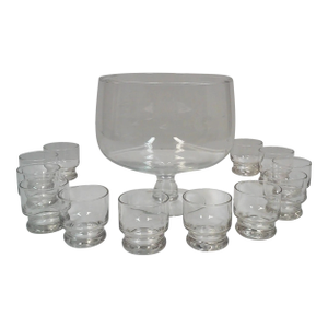 Vintage Floral Etched Crystal Glass Punch Bowl Set of 13