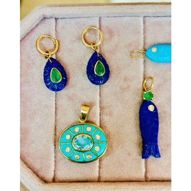 Perfect Poisson Lapis Pendant With Emerald, Diamond & 14k Gold For Sale - Image 11 of 11