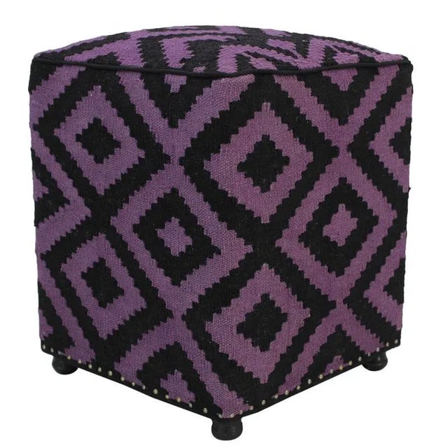 Boho Chic Black/Purple Handmade Kilim Upholstered Ottoman For Sale - Image 4 of 11
