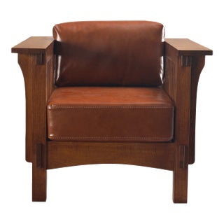 Crafters and Weavers Craftsman Crofter Mission Style Arm Chair in Russet Brown Leather For Sale