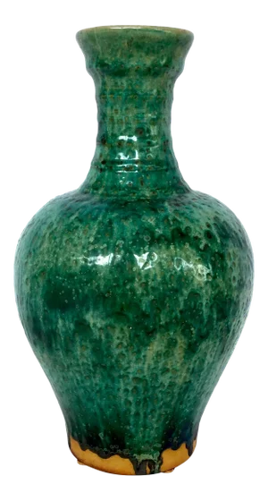 Asian Modern Speckled Green Glaze Medium Porcelain Ridged Neck Vase