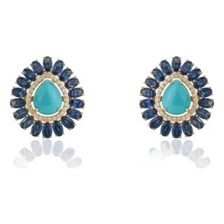 Art Deco 17ct Turquoise & Blue Sapphire Statement Earrings With Diamonds in 14k Gold- A Pair For Sale