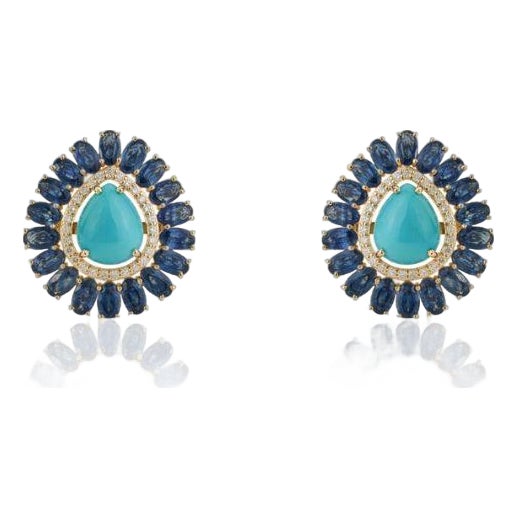 Art Deco 17ct Turquoise & Blue Sapphire Statement Earrings With Diamonds in 14k Gold- A Pair For Sale
