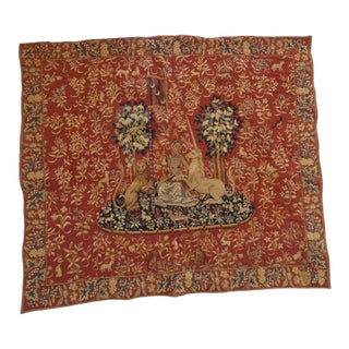 Vintage French Point Des Muerins Medieval Lady and Unicorn Reproduction Jaquard Tapestry For Sale