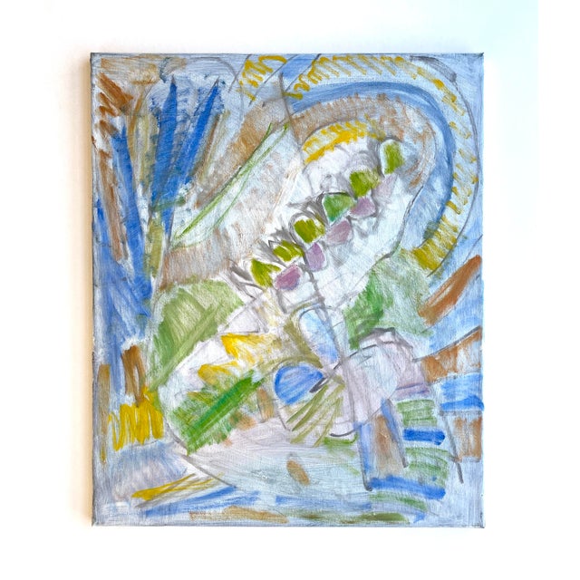 Diptych of abstract paintings on canvas by unidentified European painter in soft palette of white, gray and pastel colors....