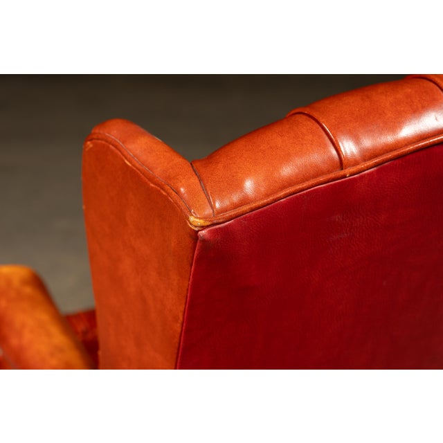Vintage Wingback Tufted Armchair With Ottoman in Burnt Orange For Sale - Image 10 of 12