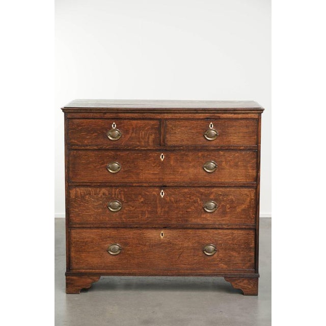 This beautiful, large, colorful English chest of drawers dates from the 18th century and is made of oak. It has 5 drawers,...