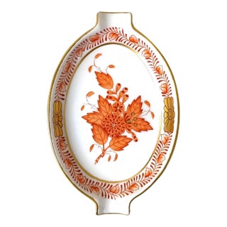 Herend Hungary Chinese Bouquet Rust Handled Mini Tray Apponyi Orange 7788 Designer Ceramics 1989 150 Anniversary Porcelain Handcrafted Decor For Sale