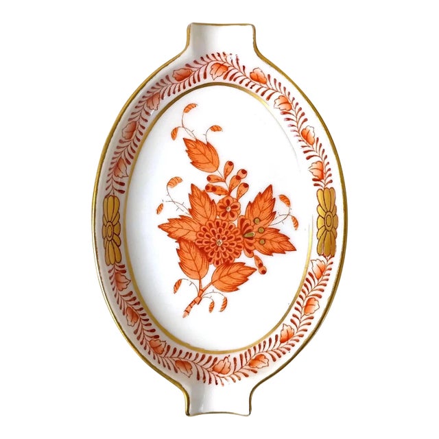Herend Hungary Chinese Bouquet Rust Handled Mini Tray Apponyi Orange 7788 Designer Ceramics 1989 150 Anniversary Porcelain Handcrafted Decor For Sale