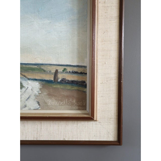 Paint Mid-Century Modern 'Haystacks by the Gate' Vintage Original Landscape Oil Painting, Framed For Sale - Image 7 of 11