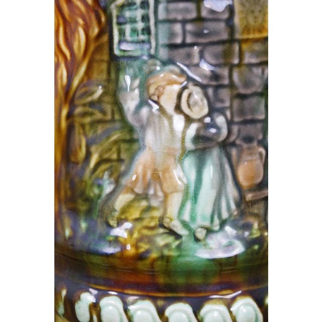 Ceramic Antique Onnaing Majolica 714 Castle Courtyard Tavern Green Man Jug Pitcher 9" For Sale - Image 7 of 17