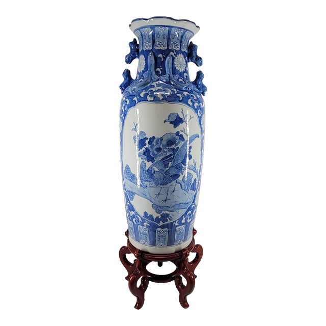 Grand 40" Vintage Blue & White Chinoiserie Floor Vase & Carved Stand For Sale
