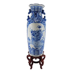Grand 40" Vintage Blue & White Chinoiserie Floor Vase & Carved Stand