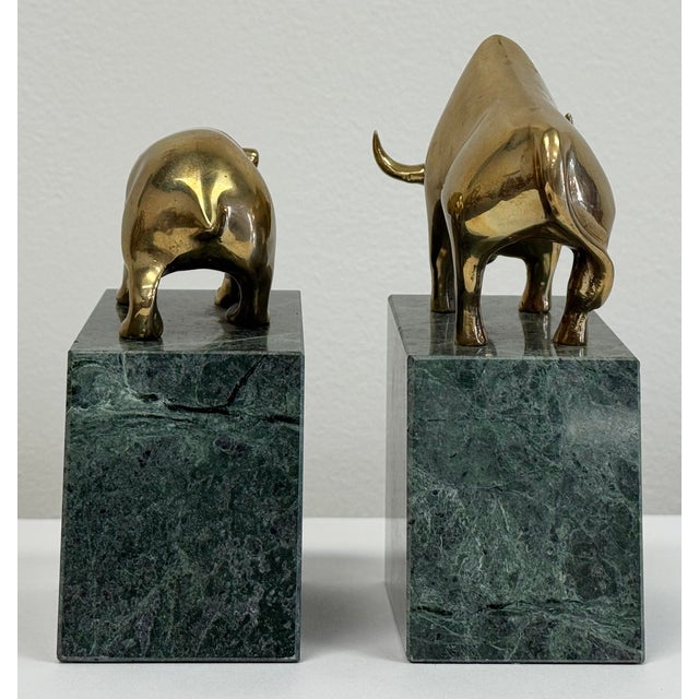 Vintage Wall Street Bull and Bear Brass on Marble Block Bookends For Sale In Kansas City - Image 6 of 8