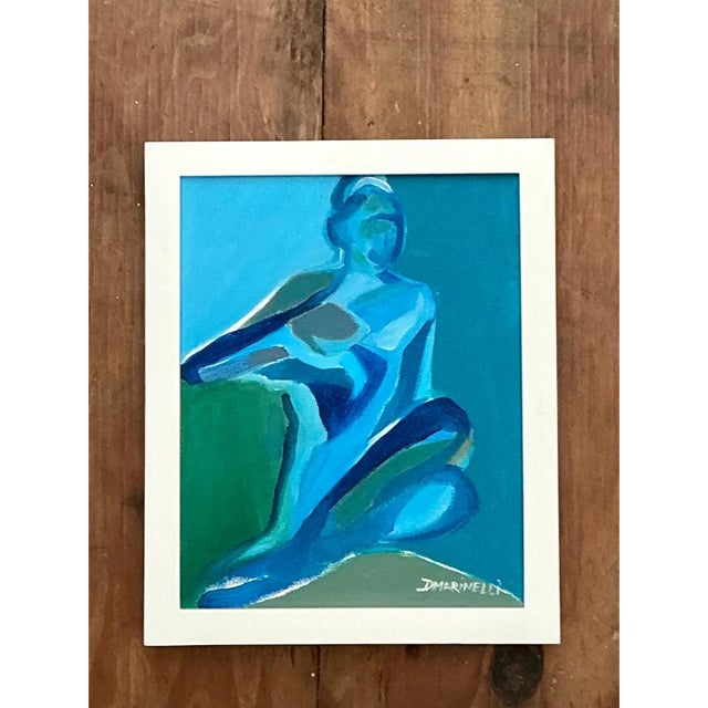 Wood Vintage Figurative Blue Acrylic Oil in Canvas For Sale - Image 7 of 12