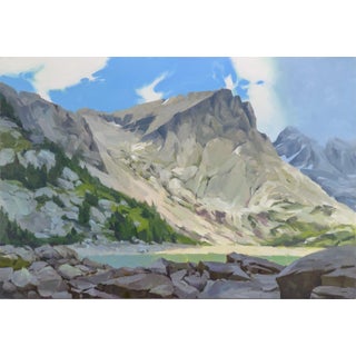 Erosion by Judd Mercer | Oil on panel Landscape of mountains and a lake under a blue sky For Sale