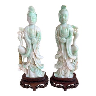 Pair 10" Antique Chinese Qing Natural Jadeite Jade Kuan Yin With Cranes & Stands For Sale