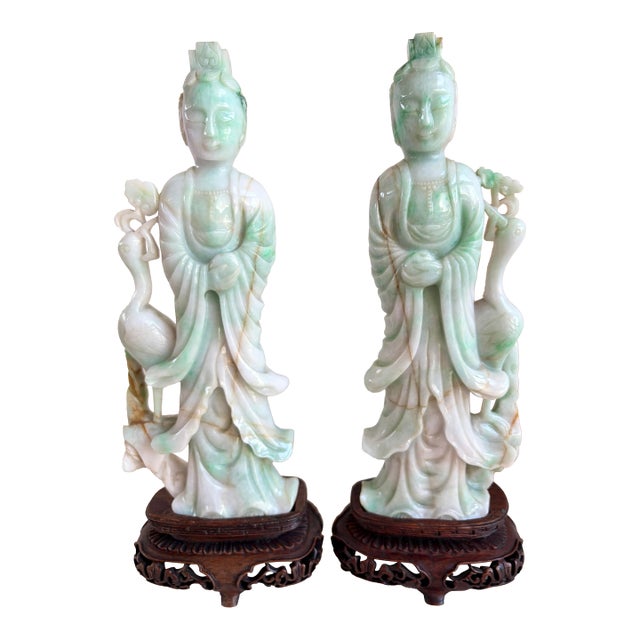 Pair 10" Antique Chinese Qing Natural Jadeite Jade Kuan Yin With Cranes & Stands For Sale
