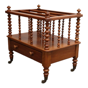 Vintage Victorian Figured Walnut Canterbury Magazine Rack on Casters With Drawer
