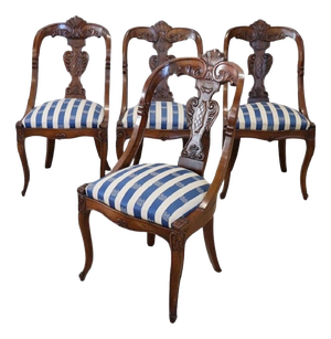 Dining Chairs in Carved Walnut, Early 19th Century, Set of 4