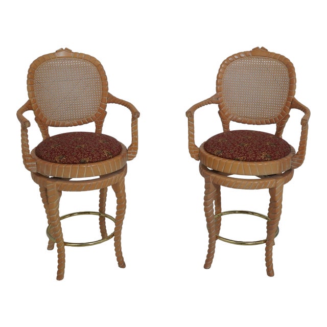 Pair Andre Rope Twist Design Cane Back Swivel Bar Chairs For Sale