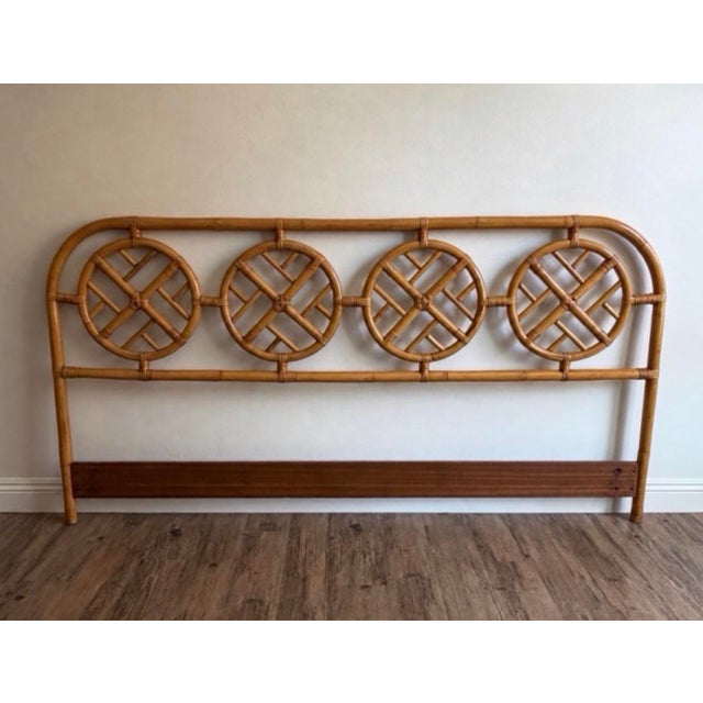 Vintage Bamboo & Rattan Chippendale Fretwork Four Medallion King Headboard For Sale - Image 4 of 5