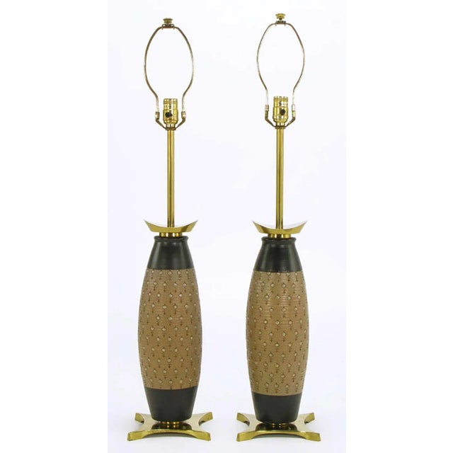 Mid-Century Modern Stiffel Hand Thrown and Incised Pottery Table Lamps - a Pair For Sale - Image 3 of 10