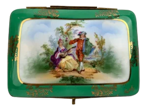 Vintage Apple Green Scenic Hard-Paste Porcelain Hinged Box With Gilt Frame