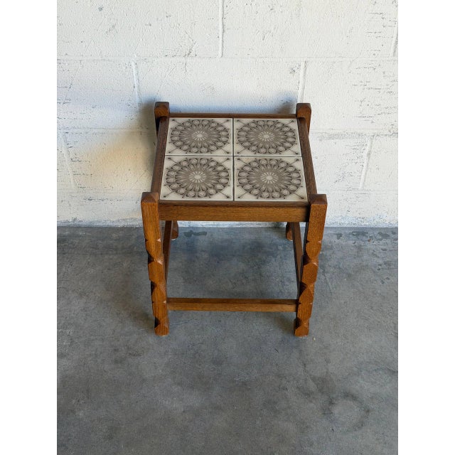 Mid-Century Modern Oak Small Table Patterned Ceramic Tile Top Danish Vintage Accent Side End Table 1970s For Sale - Image 3 of 10